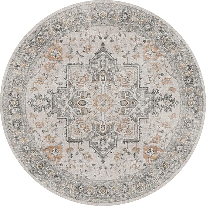 GENIMO 6FT Round Area Rugs for Living Room, Circle Rugs Machine Washable Low Pile, Chenille Non Slip Vintage Rug for Bedroom, Dining Room, Home Office, Light Taupe Brown