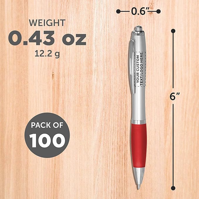 DISCOUNT PROMOS Personalized Ballpoint Pens With Rubber Grip, 100 pack Customizable Ergonomic Click-to-Write Custom Writing Pens for School with Black Ink, Red