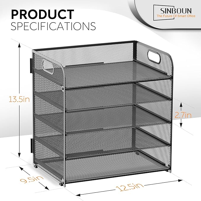 2 Pack Letter Tray 5-Tier Desk Organizer File Paper Holder with Handle, Metal Desktop Document Shelf Tray Office Classroom Organization - Black
