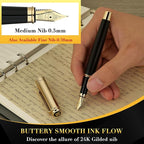 BEILUNER 316 Fountain Pen,Stunning Luxury Blackwood,24K Gilded Nib(Medium),Gorgeous 24K Gold Finish, Ink Converter,Trustworthy Gift for Men&Women-Elegant,Executive,Graduation Pens for Writing, BK-M