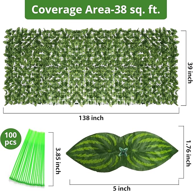 Artificial Ivy Fence Privacy Screen 138x39in, Faux Ivy Wall Privacy Fence, Artificial Hedges with Color-Printed Watermelon Leaves for Outdoor Wall Decor, Garden, Balcony, Patio, Apartment, and Yard