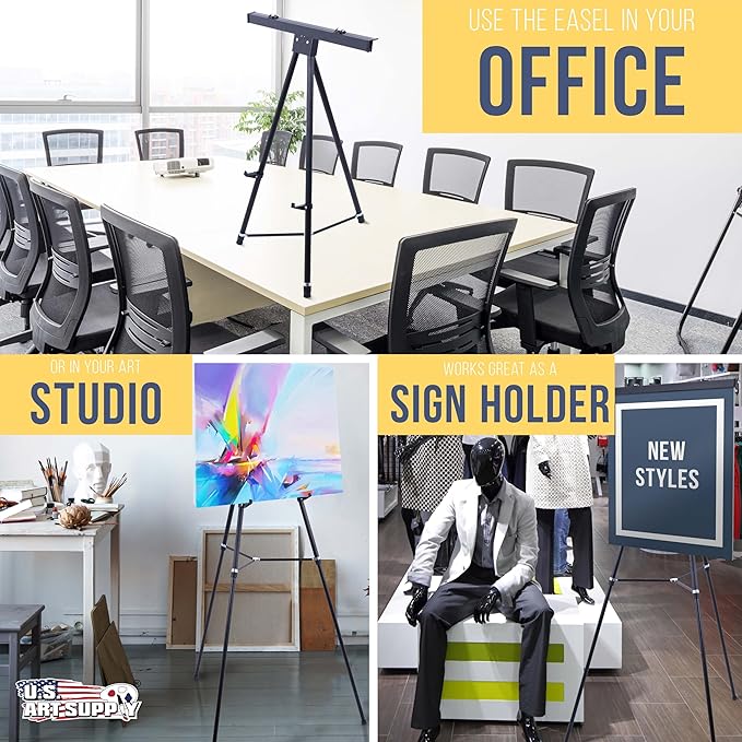 U.S. Art Supply 70" High Boardroom XL Black Aluminum Flip Chart Easel & Presentation Stand (6 Pack) - Adjustable Floor/Tabletop, Portable Tripod, Holds 45 lbs, for Chart Paper, Poster Boards, & Pads