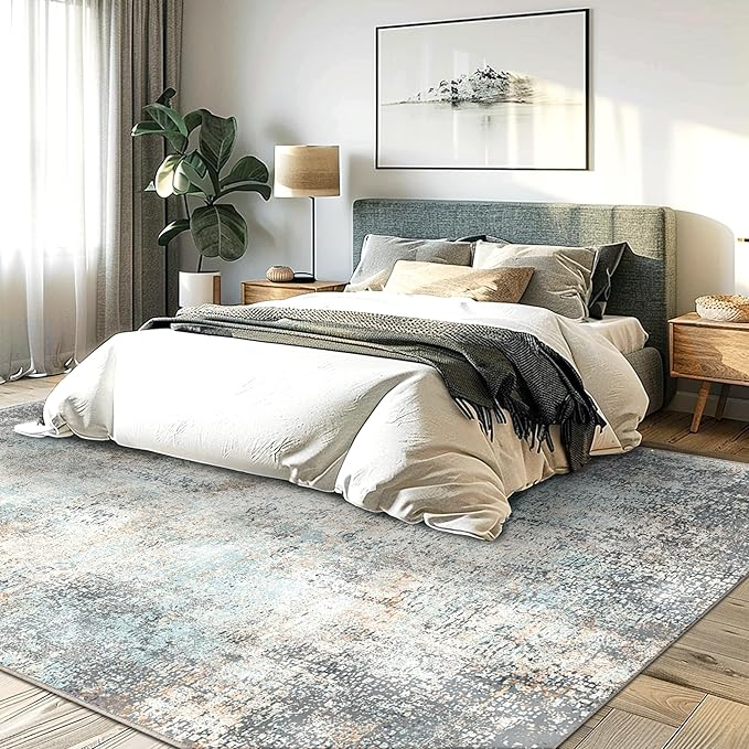 GENIMO Washable Area Rugs for Living Room, 8x10 Modern Non Slip Rugs, Low Pile Lightweight Soft Print Rug for Bedroom, Dining Room, Home Office, Washed Light Blue
