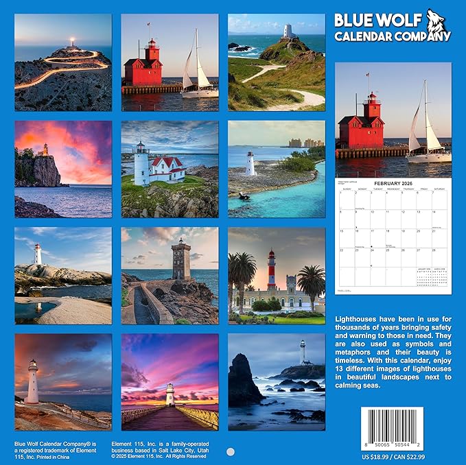 2026 Lighthouses Monthly Wall Calendar | Travel Calendar 2025-2026