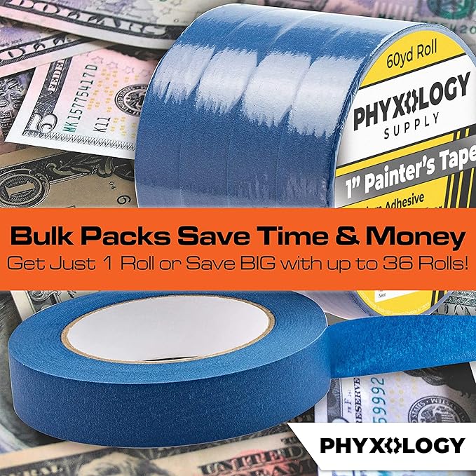 No-Residue 1 Inch, 60 Yard Blue Painters Tape 1 Pk. Easy-Tear, Pro-Grade Removable Masking Tape Great for Home, Office, Commercial Contractor. Clean, Drip-Free Painting w/Wide Crepe Paper Rolls