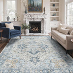 GENIMO 5x7 Area Rugs for Living Room, Machine Washable Rug, Non Slip Vintage Rugs, Low Pile Lightweight Chenille Print Indoor Rug for Bedroom, Dining Room, Home Office, Blue