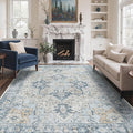 GENIMO 10x14 Area Rugs for Living Room, Machine Washable Rug, Non Slip Vintage Rugs, Low Pile Lightweight Chenille Print Rug for Bedroom, Dining Room, Home Office, Blue