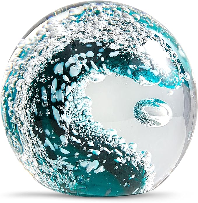 EUSTUMA Hand Blown Glass Figurines Ball Ocean Waves,Paperweight Glass Ball,Home Decor Collectible,Aquarium Decor,Office Decor Ocean Lovers