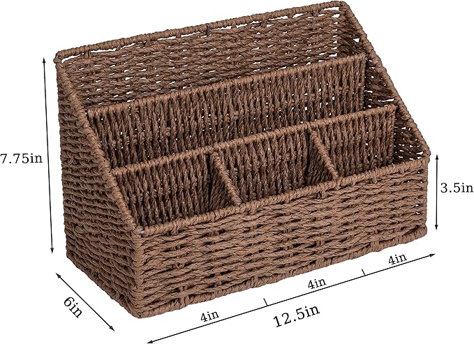 DINGTAI Rattan Desk Organizer, Tabletop Mail Holder, 5 Slot Mail Organizer Countertop Basket, Rattan Office Supplies, Boho Office Desk Accessories, Wicker Desk Organizer, Magazine Holder（Brown）
