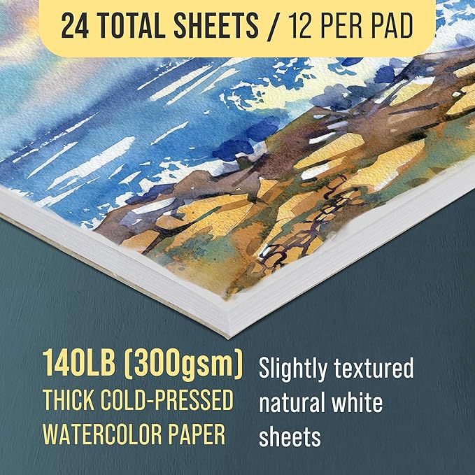 U.S. Art Supply 9" x 12" Premium Heavyweight Watercolor Paper Pad, Pack of 2 (12 Sheets Each), 140lb (300gsm) - Cold Pressed, Acid-Free, Wet, Water Color Paper - for Artists, Students