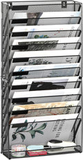 EasyPAG Wall File Holder 10 Tier Mesh Hanging Folder Organizer with Flat Tray Wall Mounted Mail Organizer Magazine Paper Desk Shelf with Nametag Label for Office Home School, Black