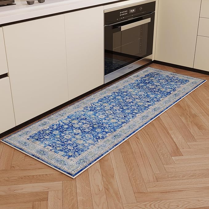 Rugcomf Runner Rug 2'6''x8' Hallway Washable Boho Soft Area Rug Non-Slip Faux Wool Vintage Rug for Kitchen, Entryway, Laundry, Bedroom, Indoor (Blue)
