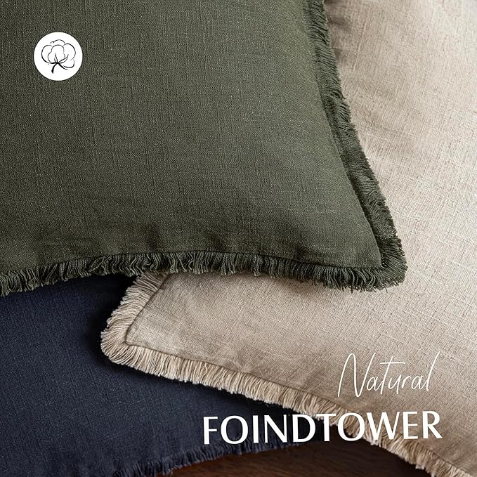 Foindtower Set of 2 Decorative Linen Fringe Throw Pillow Covers Cozy Farmhouse Cushion Cover with Tassels Accent Pillowcase for Couch Chair Sofa Bed Living Room Home Decor,22×22 Inch,Dark Olive Green