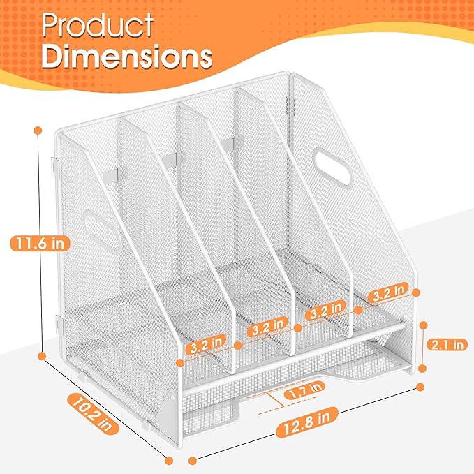 OrgMate Desk File Folder Holder Organizer-4 Vertical Compartments Racks and Paper Letter Tray,Mesh Magazine File Holder Sorter,Desktop Accessories & Workspace Organizers for Home,Office,School-White