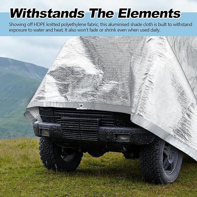Mindsoft 99% Aluminet Shade Cloth Reflective Tarp 10 x 20 ft Aluminum Cloth Porch Privacy Screen with Grommets Durable Mesh Canopy for Car Garden Patio Pergola Sun Shade Cover(2 Set)