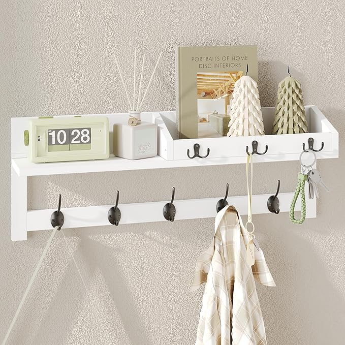 AMBIRD Wall Hooks with Shelf, 26.57 Inch Entryway Wood Coat Hooks for Wall, Coat Rack Wall Mount with 5 Dual Hooks 3 Key Hooks Mail Organizer and Key Rack Holder (White)