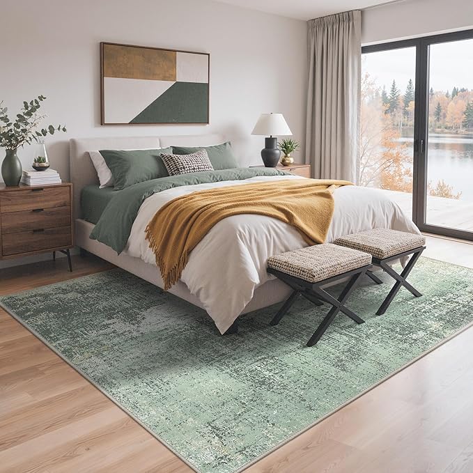 GENIMO Washable Area Rugs for Living Room, 8x10 Modern Non Slip Rugs, Low Pile Lightweight Soft Print Rug for Bedroom, Dining Room, Home Office, Washed Cream Green