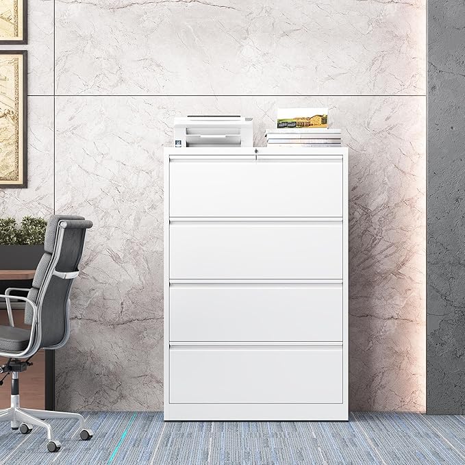 mysteeldepot 4 Drawer Lateral File Cabinet with Lock, Metal File Cabinet, Lateral File Cabinets for Home Office, Heavy Duty File Storage Cabinet for Legal/Letter/A4 Document, Assembly Required, White