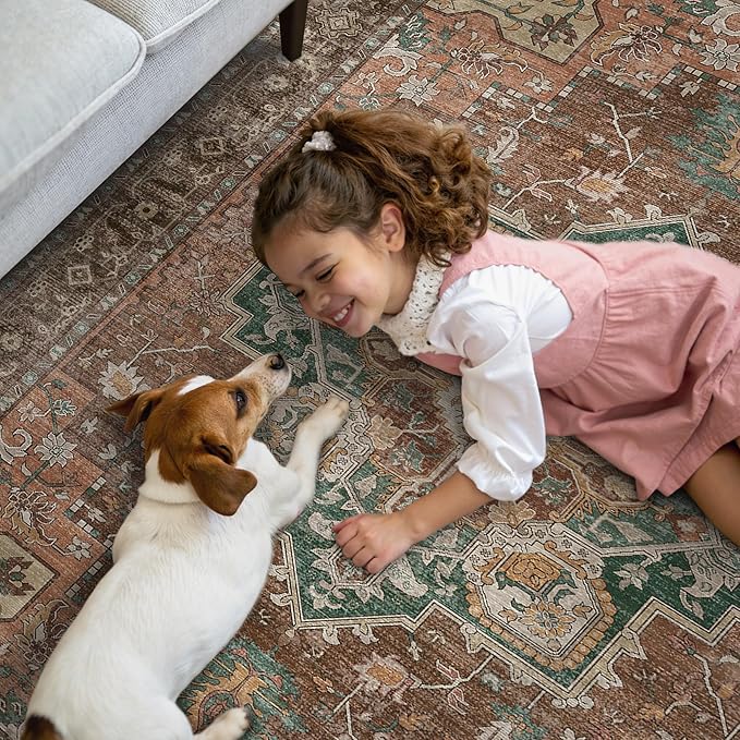 GENIMO 2'6"x8 Runner Rugs for Hallway, Machine Washable Non Slip Vintage Rugs, Low Pile Lightweight Soft Print Rug for enrtyway, Corridor, Home Office, Kitchen, Rosewood