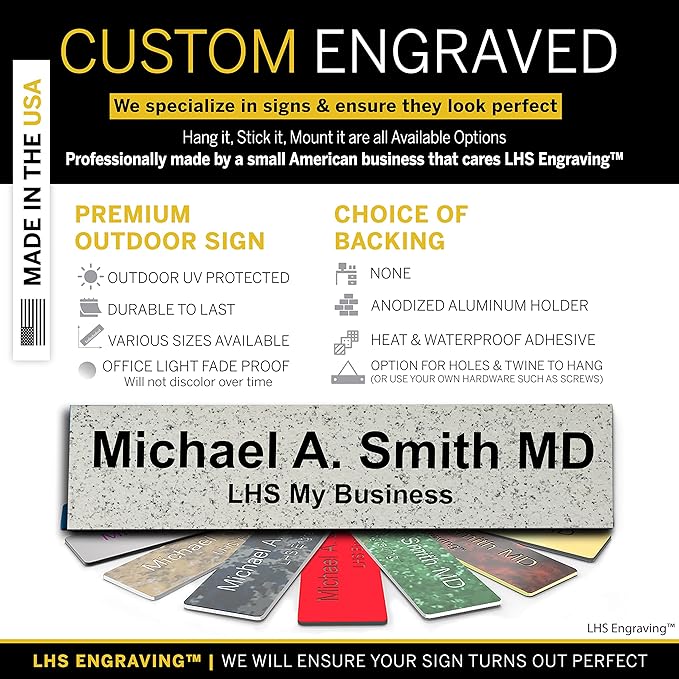Custom Name Plate for Doors, with Choice of Mounting Holders for Walls, Doors, Cubicles, Hanging and More - Personalized Solarious Stone Plastic Black Letters - USA Made 2x6 - S3