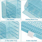 Marbrasse Desk Organizers and Accessories, 5-Tier Paper Letter Tray Organizer with File Holder, Mesh File Organizer, Office Desk Accessories & Organization for Supplies (Blue)