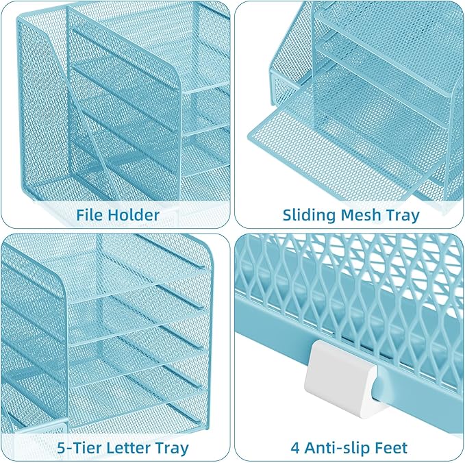 Marbrasse Desk Organizers and Accessories, 5-Tier Paper Letter Tray Organizer with File Holder, Mesh File Organizer, Office Desk Accessories & Organization for Supplies (Blue)