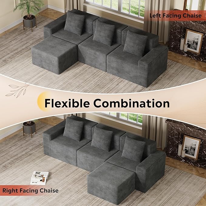 WLIVE 110'' Boneless Couch for Living Room, Modular Sectional Sofa, Cloud Memory Foam Couch L Shape with Chaise, Grey