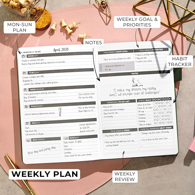 Clever Fox Planner – Undated Weekly & Monthly Planner for Productivity, Time Management & Goals – Organizer Journal – A5 (Dark Green)