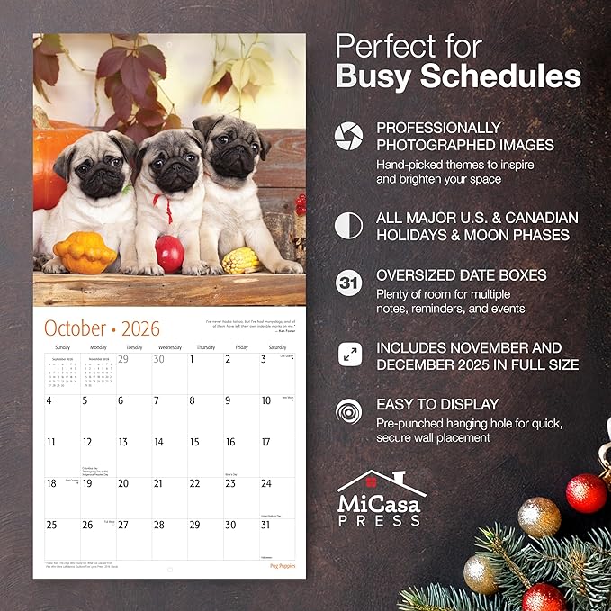 MICASA PRESS Pug Puppies 2026 Wall Calendar 12 Month | 12" x 24" Open | Thick & Sturdy Paper | Holiday Gift | Cute Puppy Dog Calendar 2026