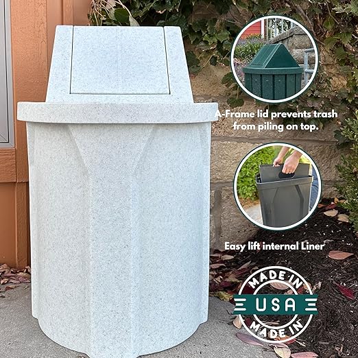 Sturdy Essentials 42 Gallon Round 100% Recycled Plastic Indoor or Outdoor Commercial Trash Can with Easy Access Swing Top Lid | Industrial Strength | Great for Schools and Businesses - Dark Granite