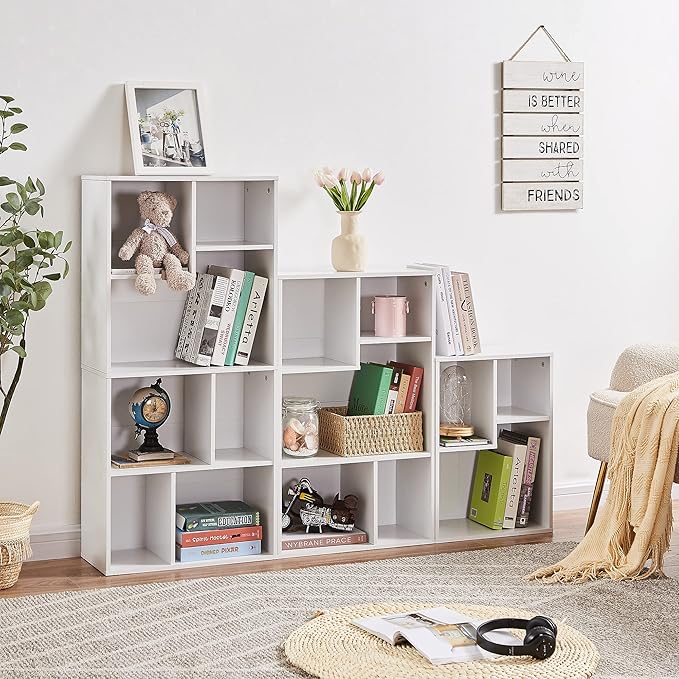 VECELO Wide Bookshelf Set, Fits 9.3" × 10-12.8" Hardcovers, Cube Storage Bookcases, Free-Standing for Living Room, Bedroom, Home Office, 3/4-Tier, 2-Pack, White