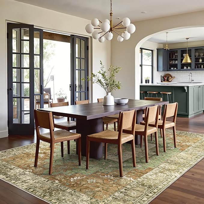 GENIMO 5x7 Area Rugs for Living Room, Machine Washable Rug, Non Slip Indoor Vintage Rug, Low Pile Lightweight Chenille Print Carpet for Bedroom Dining Room Home Office, Muted Green Brown