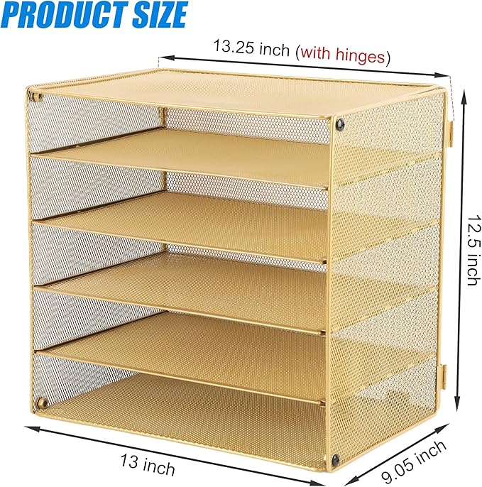 EASEPRES 5 Slot Mesh Desk Organizer Tray, File Paper Letter Folder Holder Desktop Paper Sorter Mail Organization Rack Storage Accessories, for Office Home School Classroom, Gold
