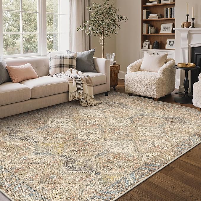 GENIMO 8x10 Area Rugs for Living Room, Machine Washable Non Slip Vintage Rugs, Low Pile Lightweight Print Rug for Bedroom, Dining Room, Home Office, Warm Brown
