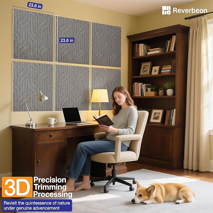 Reverbeon 6 PCS Acoustic Panels, 23.6x23.6 Inch Sound Absorbing Panels, Decorative Acoustic Wall Panels for Recording and Home Studio, Office with Double-Sided Adhesive Tape