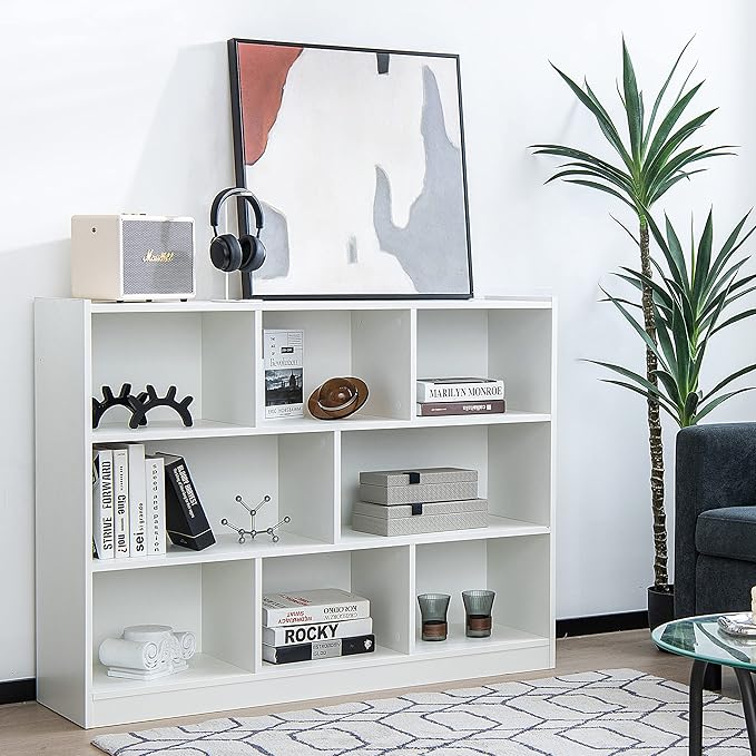 Tangkula 8-Cube Bookcase, Wood 3 Tier Open Storage Bookshelf, Modern Multipurpose Display Cabinet for Living Room, Study, Reading Nook, 48 x 12.5 x 36.5 Inch, White