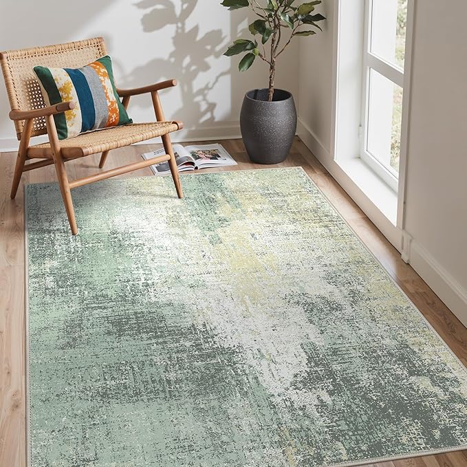 GENIMO Washable Area Rugs for Living Room, 8x10 Modern Non Slip Rugs, Low Pile Lightweight Soft Print Rug for Bedroom, Dining Room, Home Office, Washed Cream Green