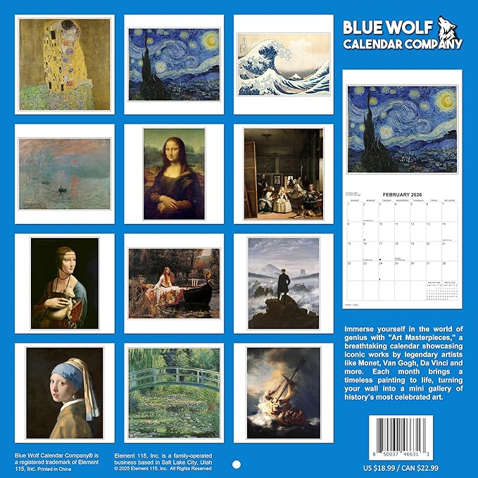 2026 Art Masterpieces Monthly Wall Calendar - Famous Paintings including Monet, Van Gogh, Rembrandt| Iconic Paintings Calendar 2025-2026