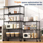 VANZBON 3-Tier Wire Shelf Rack,24" Dx14 Wx 30" H,Wire Metal Shelving with Lockable Wheels,Height Adjustable Storage Standing Shelves for Kitchen,Living Room,Laundry,Office,Pantry,Studio,Black