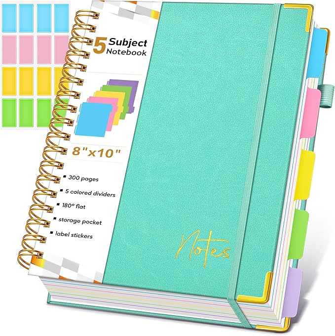 Spiral Notebook Journal with Removable Dividers Tabs, 300 Pages Hardcover Leather 5 Subject College Ruled Notebook, 8"x10" Large B5 Lined Journal for Women Men, Spiral Notebooks for Work School, Teal