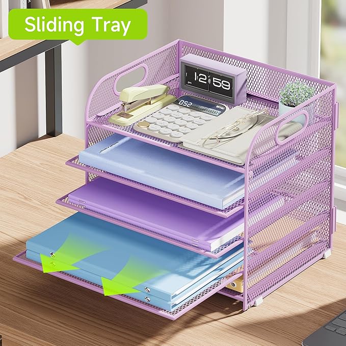 Cawukege 5 Tier Paper Organizer with Handle, Metal Mesh Desk Organizer File Folder Paper Letter Tray Desktop Document Sorter for Classroom, School, Office Accessories Organization and Storage - Purple