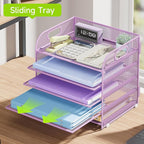 Cawukege 5 Tier Paper Organizer with Handle, Metal Mesh Desk Organizer File Folder Paper Letter Tray Desktop Document Sorter for Classroom, School, Office Accessories Organization and Storage - Purple