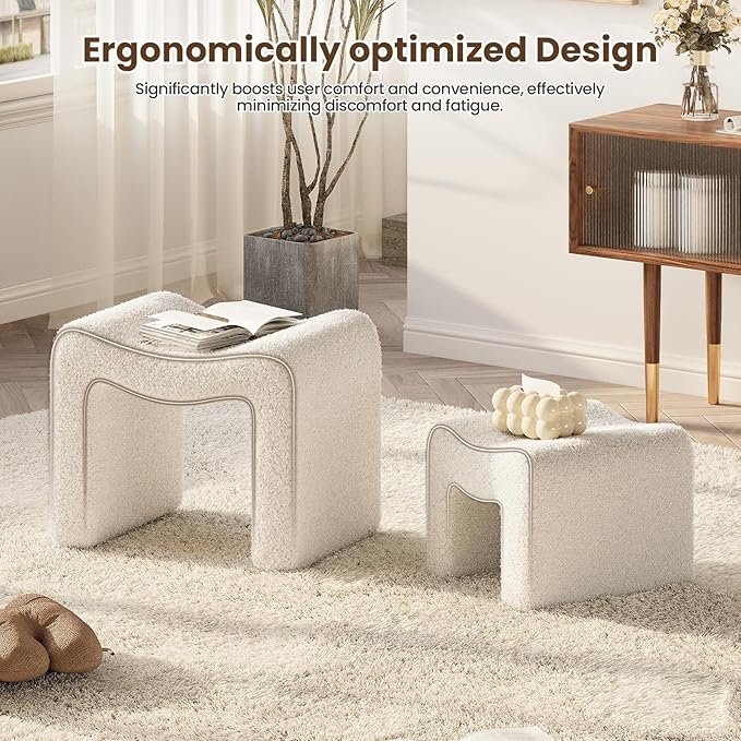 ZYKZYK Ottoman Set of 2, Plush Velvet Vanity Seats with Modern Foot Rest, Backless Stool Pair for Bedroom, Living Room & Makeup Dressing Table(2-in-1) White