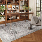 Rugcomf Vintage Medallion 4'x6' Rug - Machine Washable Area Rug, Non-Slip Low Pile Boho Carpet for Girl/Boys Room, Living Room, Kids, Entry - Grey and White