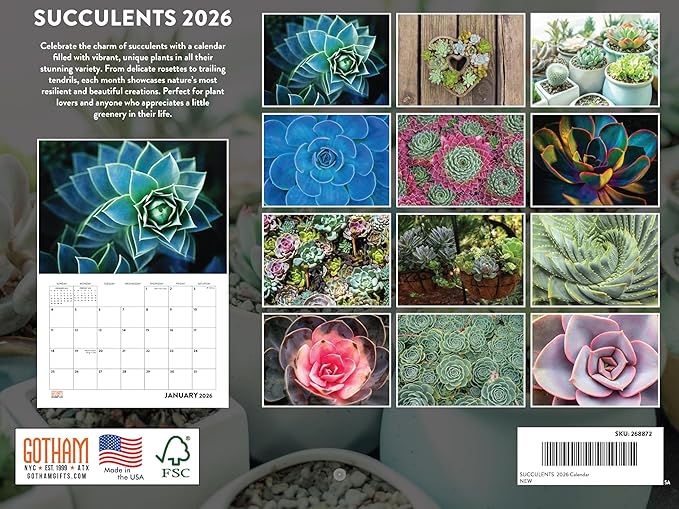 Succulent Calendar 2026 Monthly Wall Calender 12 Month | American Made In The USA