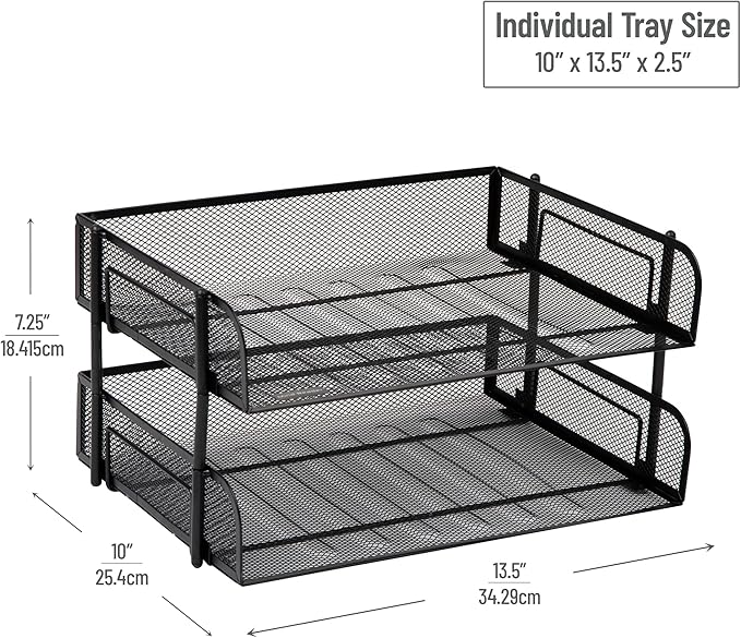 Mind Reader Stackable Paper Tray, Desktop Organizer, File Storage, Office, Metal Mesh, 13.5" L x 10" W x 7.25" H, 2 Pcs., Black