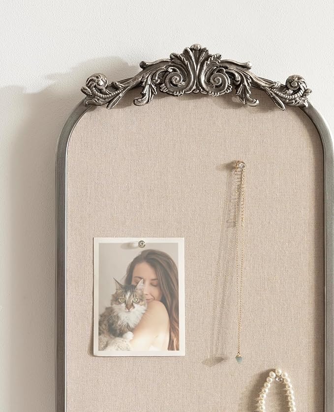Kate and Laurel Arendahl Arch Pinboard; 13 x 25; Silver; Framed Arched Ornate Vintage Cork Board for Use as Motivational Vision Board or Wall Organizer