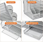 Marbrasse Desk Organizer with File Holder, 5-Tier Paper Letter Tray Organizer with Drawer and 2 Pen Holder, Mesh Desktop Organizer and Storage with Magazine Holder for Office Supplies (Silver)