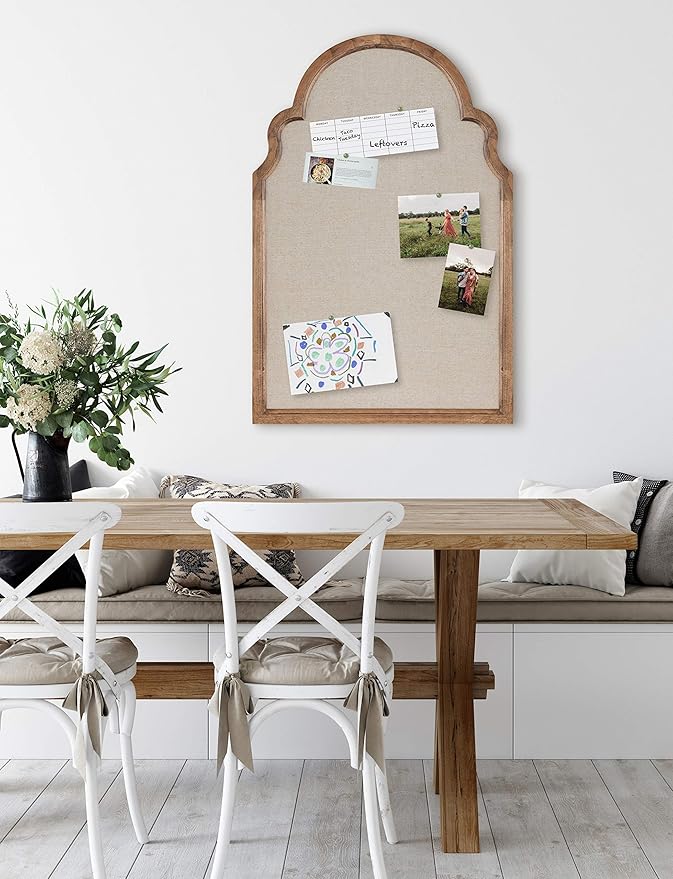 Kate and Laurel Hogan Farmhouse Framed Arch Fabric Pinboard, 24 x 36, Natural Rustic, Decorative Bulletin Board for Wall