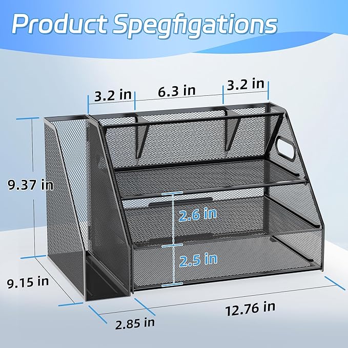 Docnest 3 Tier Metal Mesh Desk Organizer - Letter Tray with Built-in Pen Holder & Handle, Black